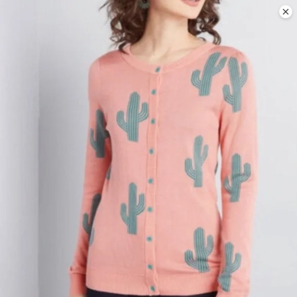 *Limited* MODCLOTH Pink & Green Cactus Print Cardigan Sweater XXS